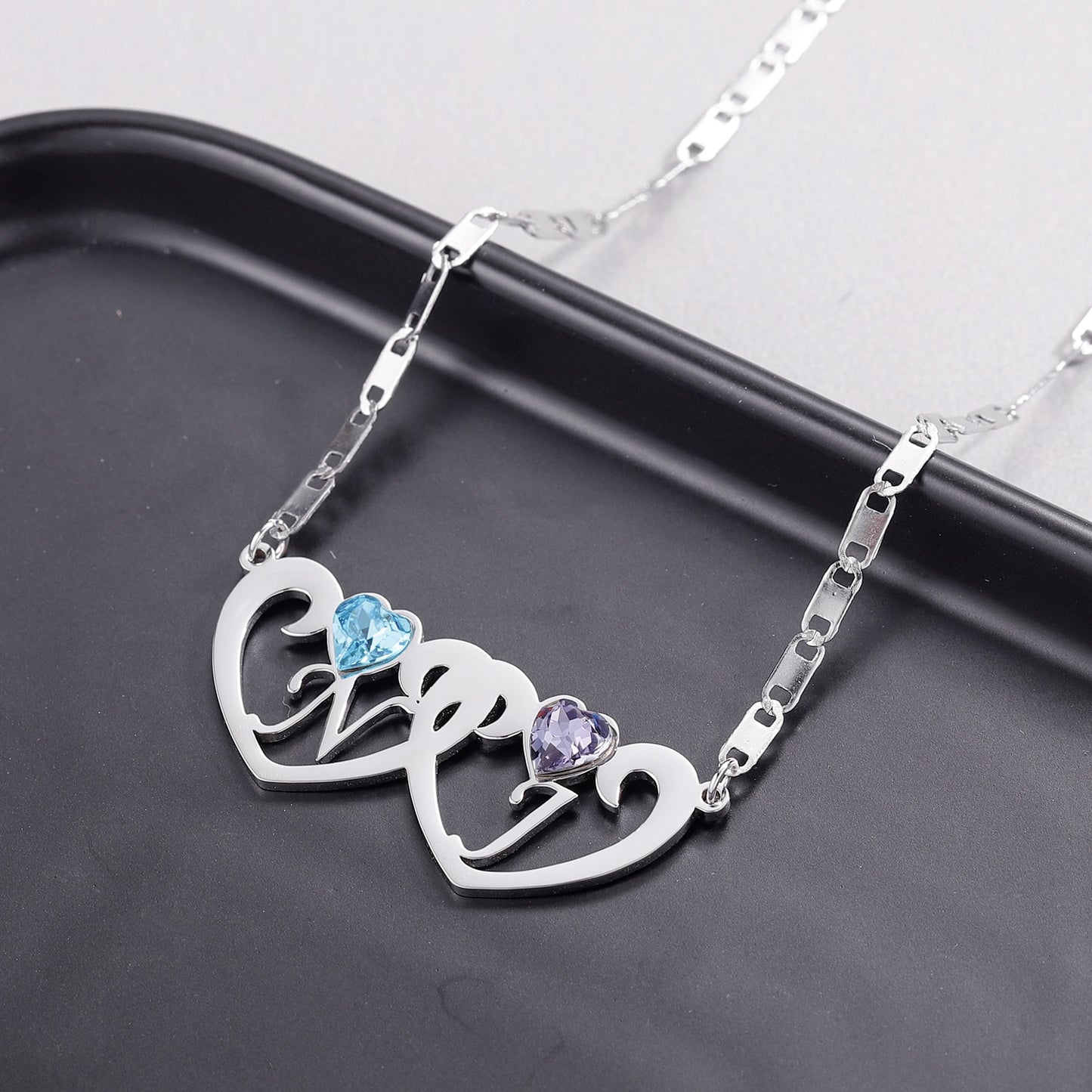 Double Heart Initial Necklace