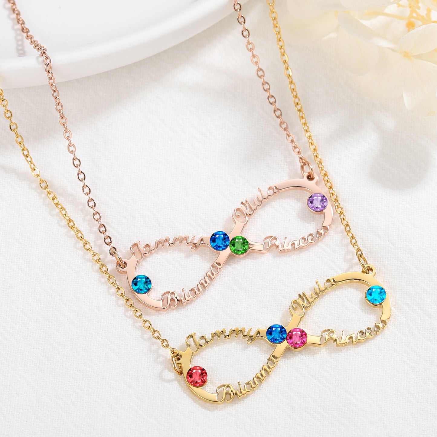 Infinity Four Name Birthstone Necklace