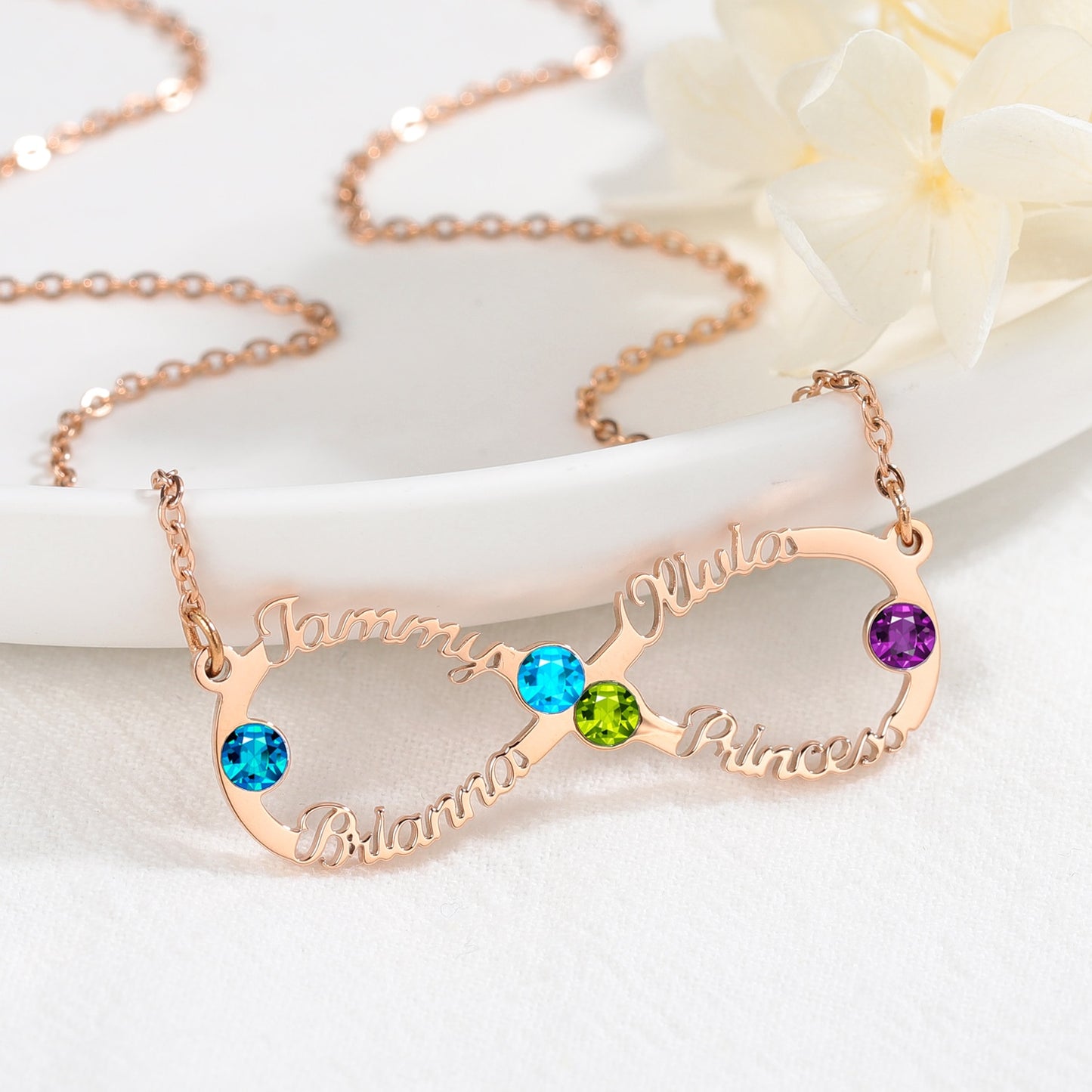 Infinity Four Name Birthstone Necklace